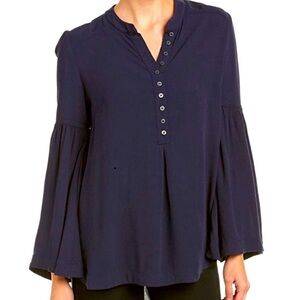 Free People Easy Girl Blouse Sz M Navy Blue Button Up Henley Bell Sleeve Blouse